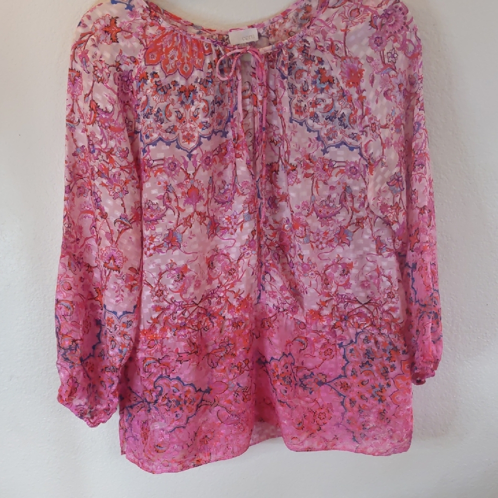Ecru Pink Silk Floral Blouse Peasant Y2K babydoll Cottage Feminine boho L